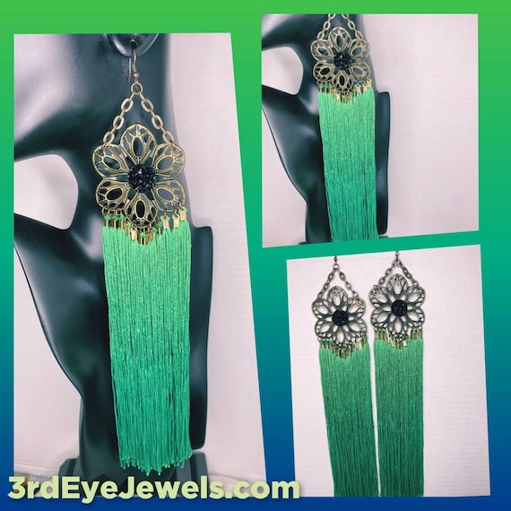 Long Green, Flower and Chain Tassel Dangle Earrings