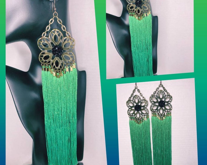 Long Green, Flower and Chain Tassel Dangle Earrings