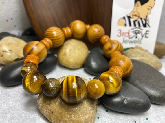 Handmade Men's or Ladies (XL) stretch bracelet with Wood Beads and Tigers Eye Beads.