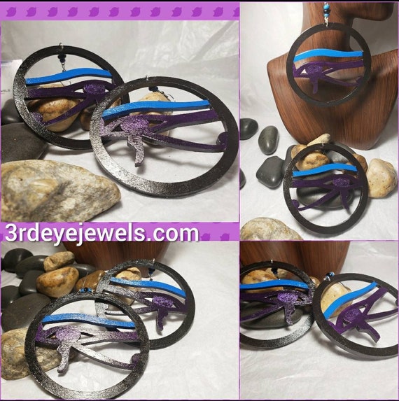 Hand Painted in Blue, black and purple:  Eye of Ra Hoop Earrings