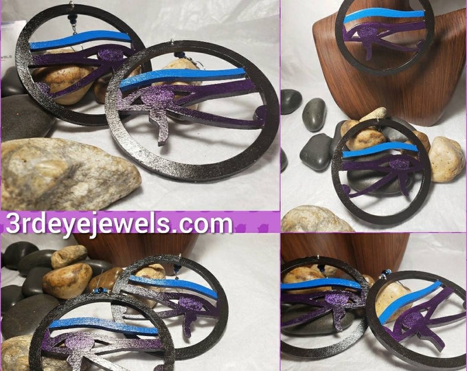Hand Painted in Blue, black and purple:  Eye of Ra Hoop Earrings