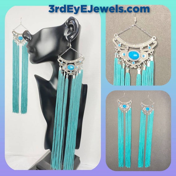 Handcrafted:  Extra Long Turquoise Tassel Dangle Earrings