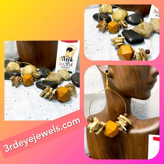 Handmade Wire Hoop Earrings with Wood beads and Agate Chips