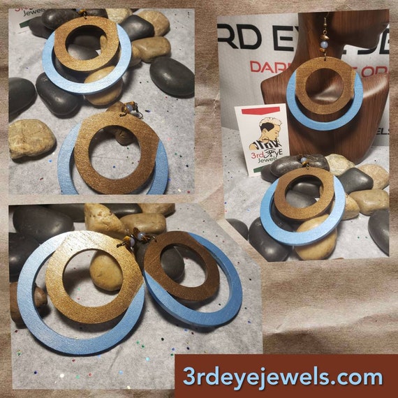 Hand Painted Abstract Earring Art: blue and chocolate
