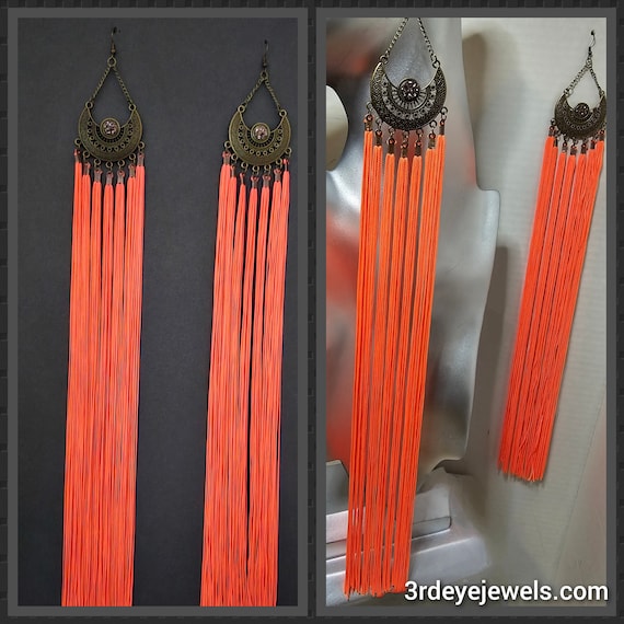 Neon Orange/Creamsicle Colored Glow in Dark: 16inch Long Exotic Tassel Dangle Earrings