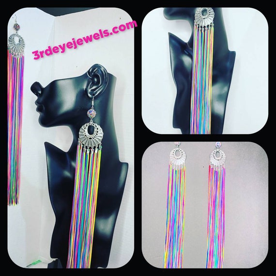 Handcrafted:  Rainbow Confetti Colored Long Tassel Dangle Earrings