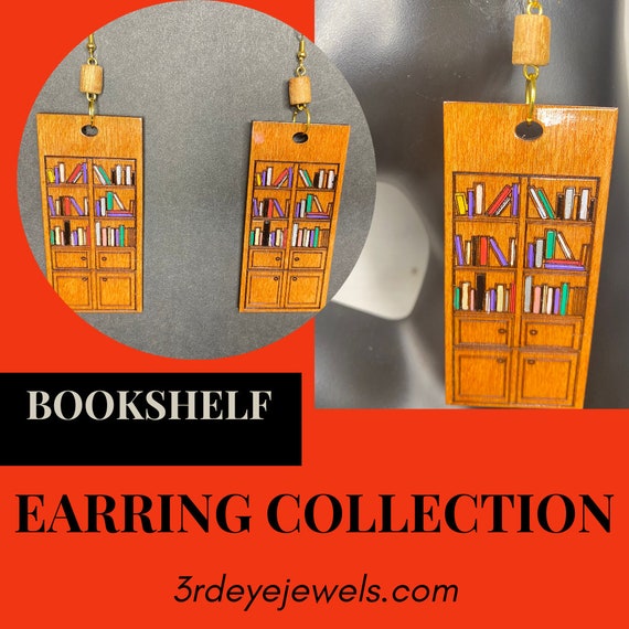 Hand Painted Nerdy Girl Bookshelf Dangle Earrings