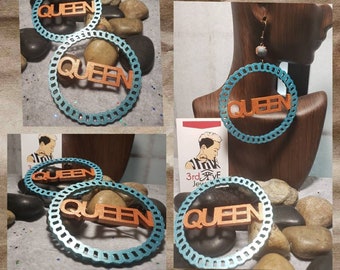 Hand-painted Wood, Queen Hoop Earrings