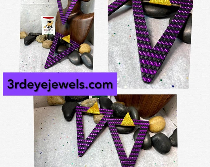 Handmade Geometrical Vegan Leather Exotic Fashion Earrings:  Purple, Black and Gold.