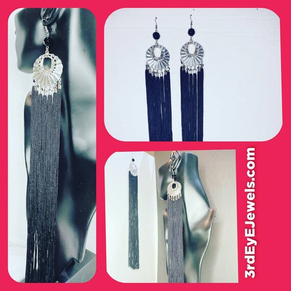 Handcrafted:  Long Black Tassel Dangle Earrings