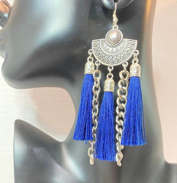 Handmade: Blue Tassel and Chain Dangle Earrings