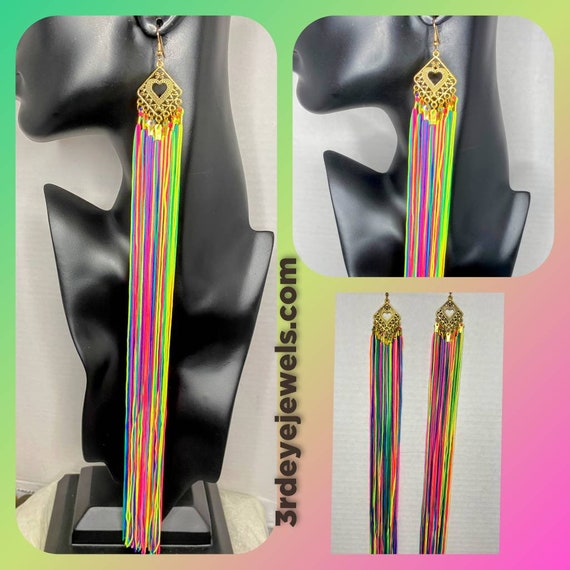 Neon Rainbow Tassel Dangle Earrings