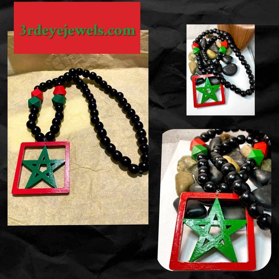 Hand Painted Moorish Star, Wood Bead Necklace.