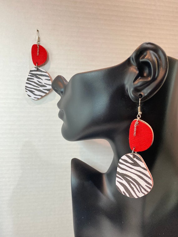Vegan Leather Abstract Shaped Animal Print and Red Dangle Earrings