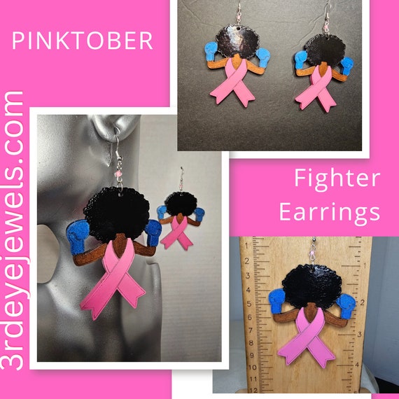 Large Afro Chic Fighter:  Breast Cancer Awareness Earrings - Pink and Blue