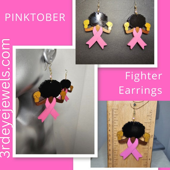 Large Afro Chic Fighter:  Breast Cancer Awareness Earrings - Pink and Gold