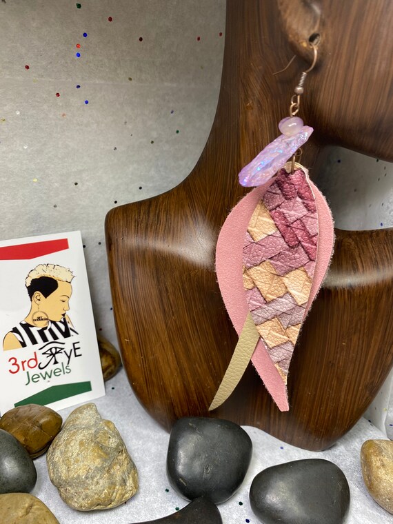 Pink and Multi Color, Handmade Vegan Faux Leather Exotic Feather Earrings