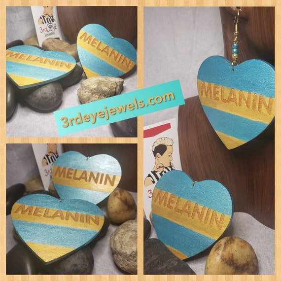 Hand painted Melanin Heart Earrings:  Aquamarine and Gold