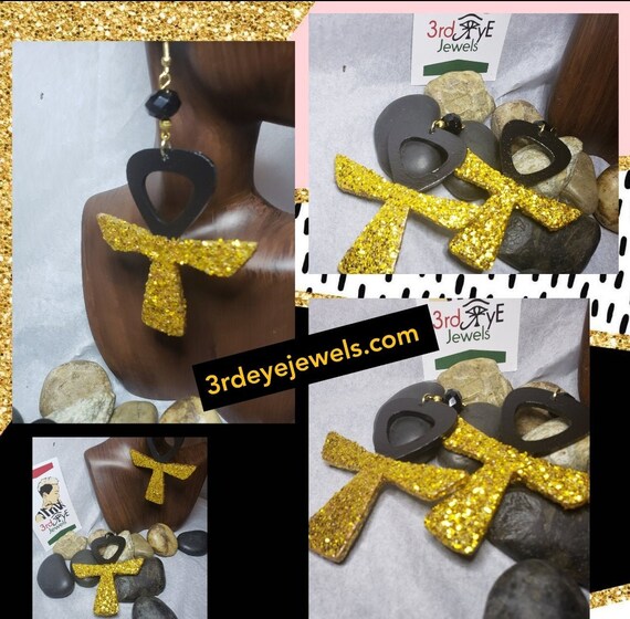 Hand Painted Blinged Out Gold Ankh Dangle Earrings