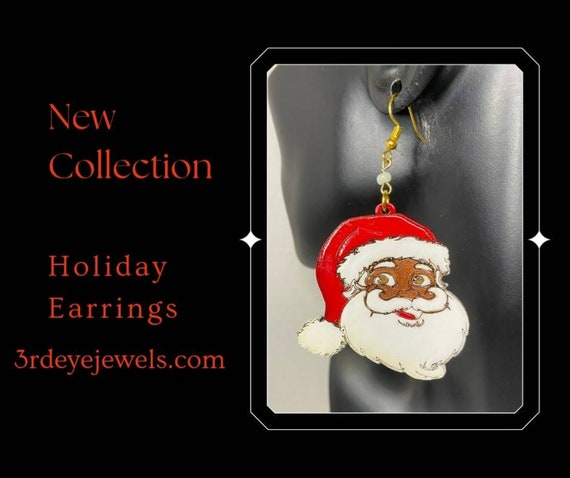 Hand Painted:  Soul Santa Dangle Earrings (Black Santa)