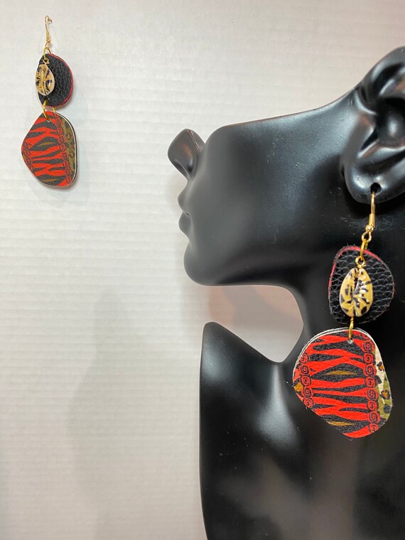 Vegan Leather:  Red Zebra Print with Zebra Print Cowrie Shell Accent Dangle Earrings