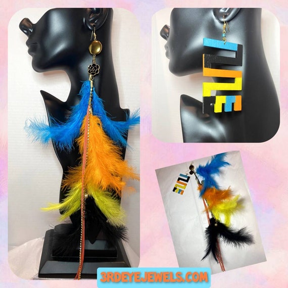 The Mixed Up Pair:  Hand Painted African Adinkra Symbol paired with Handmade Chain Feather Earrings