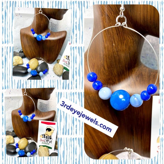 Handmade Wire Hoop Earrings with Agate Stones and Blue Accent Beads