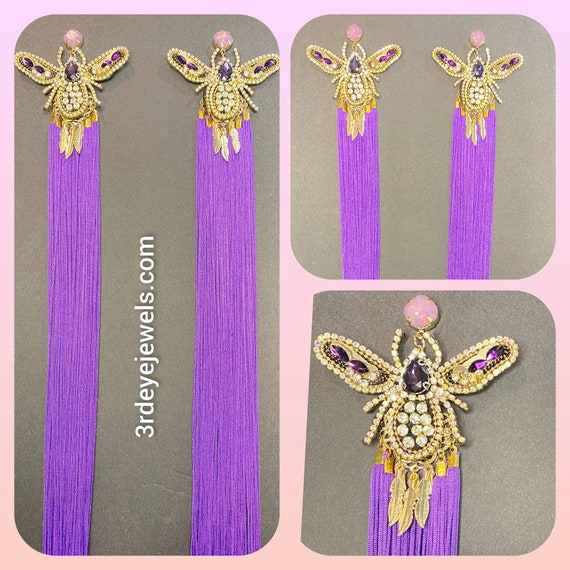 Extra Long (24 inches long) Purple Tassel Butterfly Earrings