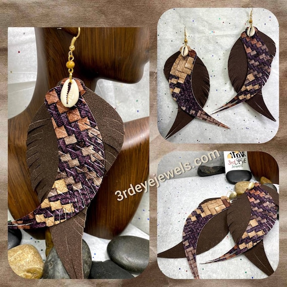 Handmade Faux Leather Exotic Bird Feather Earrings