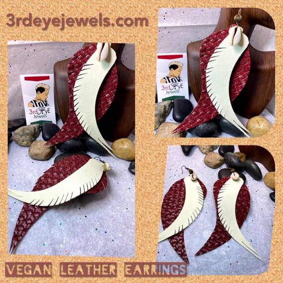 Fly Fashion, Handmade, Vegan Leather, Exotic, Bird Feather Earrings.