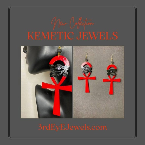 Kemetic Hand Painted Red Ankh Earrings with Eye of RA