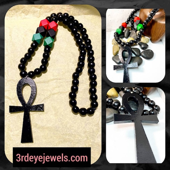 Hand Painted RBG, Wood Bead Ankh Necklace