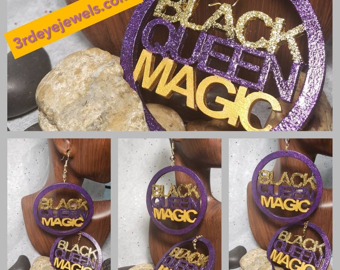 Hand Painted Earrings:  Black Queen Magic in Purple and Gold Bling