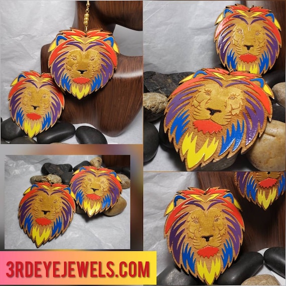 Lion Head Multiple Colored Dangle, Hand painted Earrings