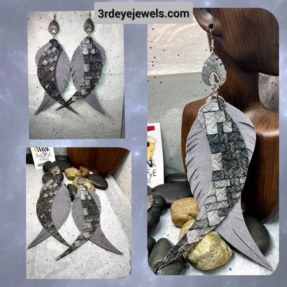 Handmade Gray Multi-Colored Vegan/Faux Leather Exotic Earrings