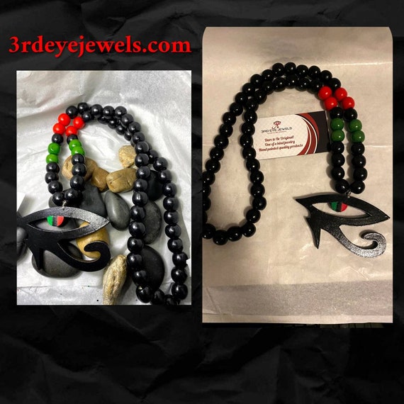 Wood Bead Third Eye Necklace:  Eye of Heru, Eye of RA, Eye of Horus