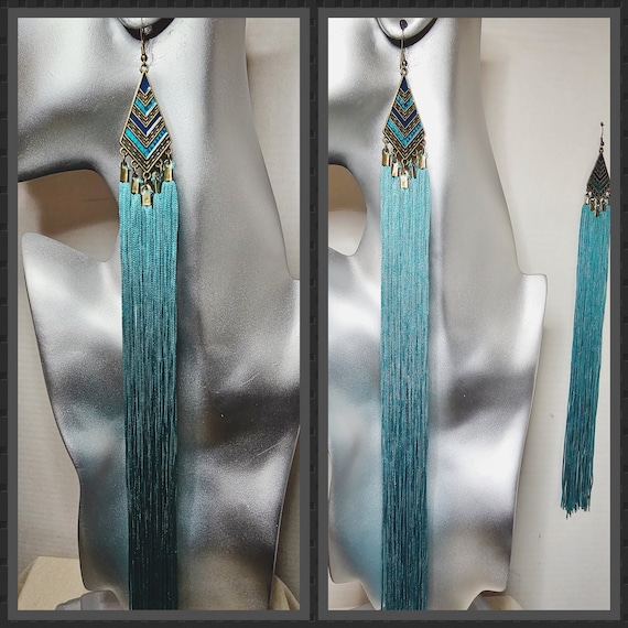 13 inches Long Turquoise Tassel Dangle Earrings