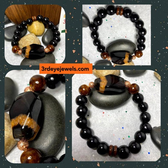 Handmade Men's Stretch Bracelet with Jasper, Lava, Glass and Wood Beads