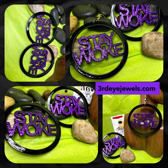 Hand Painted Black & Purple Stay Woke Hoop Earrings