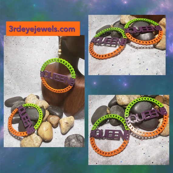 Hand painted, orange, green and eggplant purple.  Queen Hoop Earrings