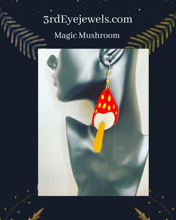 Hand Painted Magic Mushroom Dangle Earrings