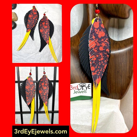 Exotic Faux Leather Fashion Earrings: Red, Black, Yellow