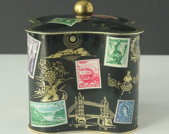 Vintage West Germany Quatrefoil Shaped Black European Travel Stamps Landmarks Tin Cannister