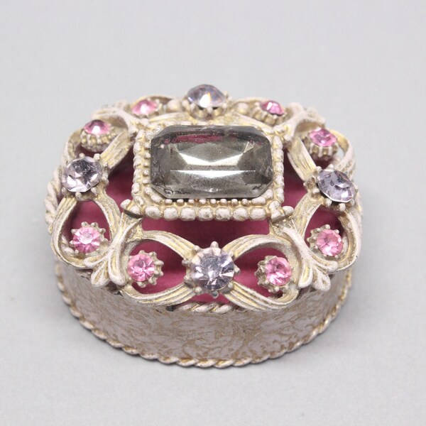 Vintage Florenza Pink Gold Enamel Metal Pink Gray Rhinestones Filigree Hinged Ring Box Trinket Box Pink Velvet Lining