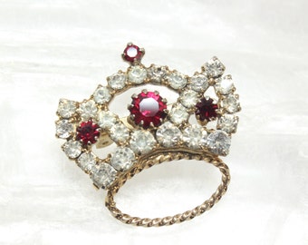 Vintage Red Clear Rhinestones Small Crown Brooch Prong Set Stones Gold Tone