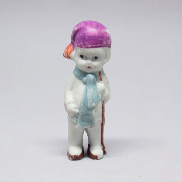 Vintage Japan Porcelain Bisque Penny Doll Boy With Purple Hat Blue Scarf Walking Stick