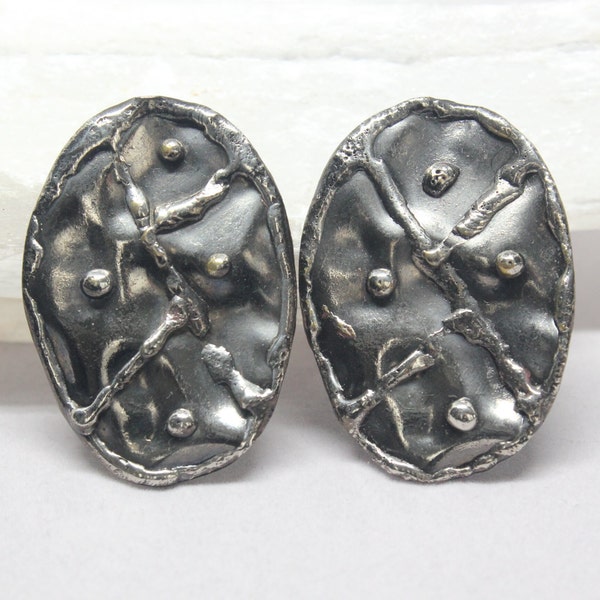 Vintage Brutalist Abstract Oxidized Silver Tone Metal Large Oval Post Pierced Earrings