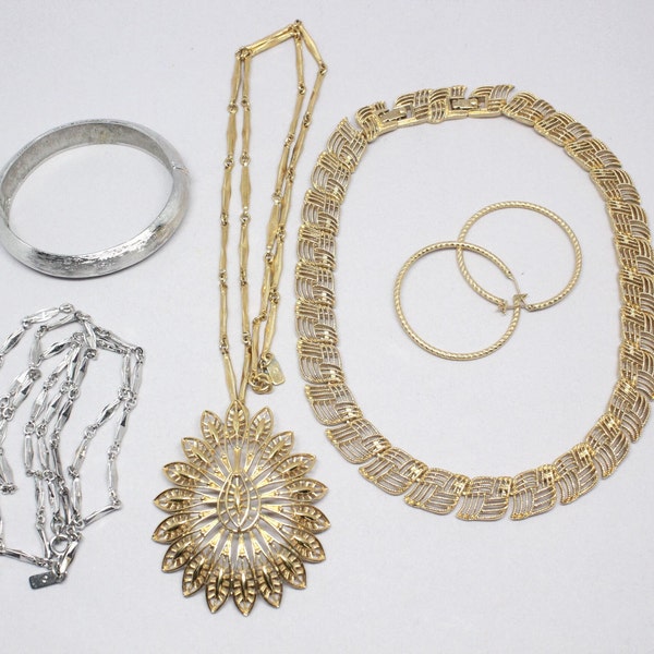 Vintage Five Piece Lot Of Monet Jewelry Gold ANd Silver Tone Three Necklaces One Bangle Bracelet Hoop Earrings