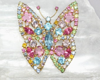 Vintage Julaina Style Multi Color Pastel Rhinestones Butterfly Insect Brooch Pin Gold Tone