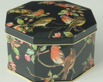 Vintage Octagonal Black Birds Tin With Hinged Lid Made In England